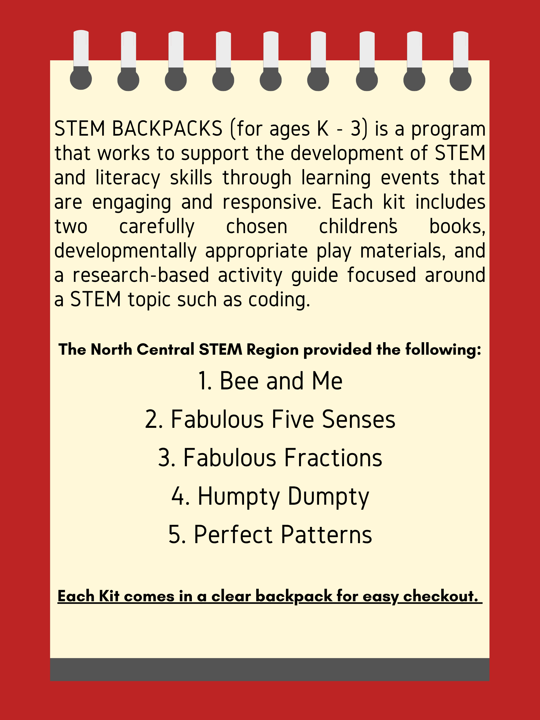 5 Stem Backpacks for Check-out for Ages K - 3rd Grade